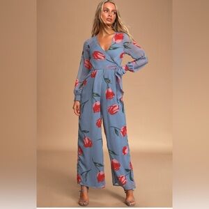 LULUS Sz L As Time Grows By Blue Floral Print Faux-Wrap Jumpsuit Lined wide Leg